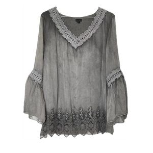 Coco + Carmen gray sheer flowy blouse v-neck bell sleeves size Small/Medium